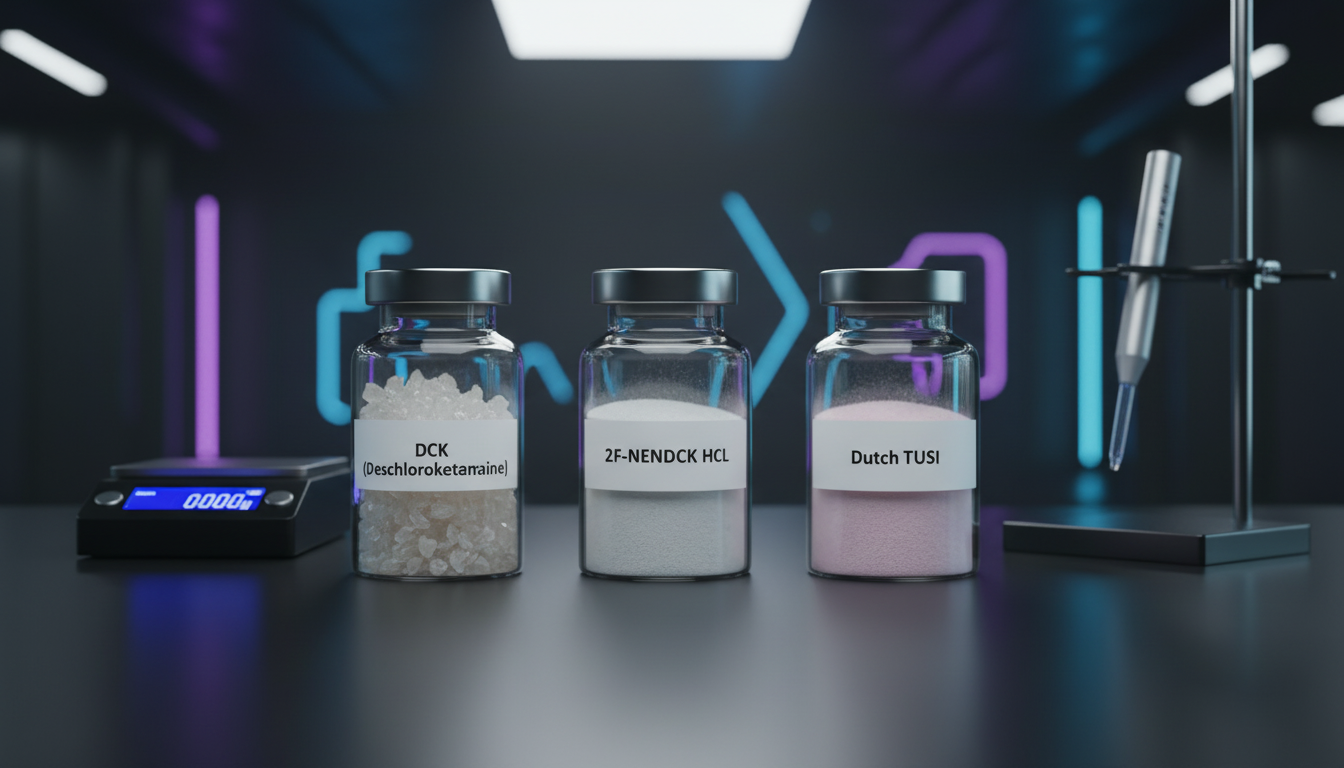 Three research chemical vials, 2F-NENDCK HCl, DCK (Deschloroketamine), and Dutch TUSI, in a futuristic laboratory setting.